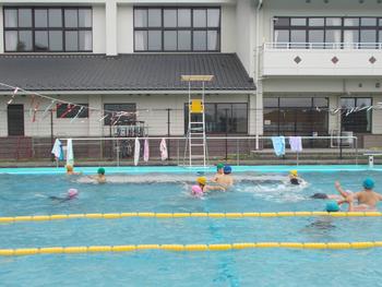 学校の屋外プールで複数の子どもたちが水に入って泳いだり遊んだりしている様子を写した写真