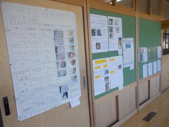 ろうかの壁にいろいろな自由研究の発表が展示されている写真