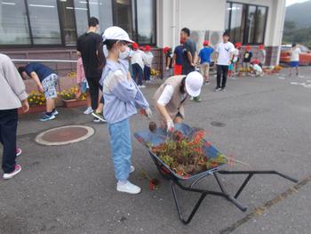 三輪車に抜いたサルビアを運んでいる女の子2人と奥で作業をしている子供たちの写真