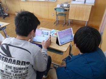 2人の小学生がタブレットを使い、お互いに画面を見せ合いながら協力して学習に取り組んでいる授業風景の写真