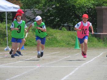 ピンクと緑のビブスを付けた児童たちがバトンを持ってトラックを走っているリレーの様子を写した写真