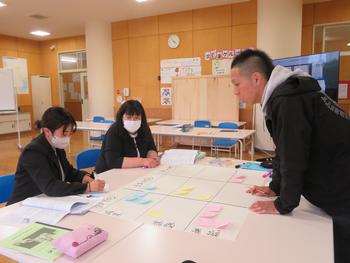広い机にたくさんの付箋が貼られた模造紙が置かれ、2名の女性教師が座りながら記入し、その様子を1名の男性教師が覗き込んでいる写真