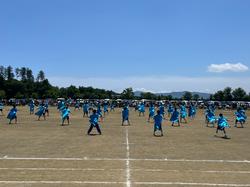 屋外のグラウンドで、青い衣装を身につけた多くの生徒たちが、一糸乱れぬ動きでダンスを披露している様子の写真
