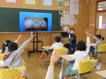 消防隊員の人がモニターを使いながら子供たちに説明を行い、数名の子供が右手を大きくあげてアピールをしている写真