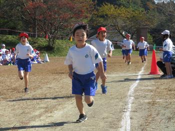 低学年の児童たちがトラックの直線を一生懸命走っている写真