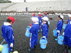 赤と白の帽子をかぶり青い体操着を着た子どもたちが、青いバケツを持って折立川河口に並んでいる写真