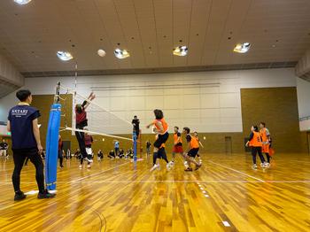 体育館のバレーコートでオレンジ色のビブスを着たチームと紫色のビブスを着たチームが白熱した試合を行っている様子の写真