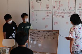 前方のホワイトボードに差し棒を使い説明をしている女の子とボードの横に立つ男の子2名の発表での写真