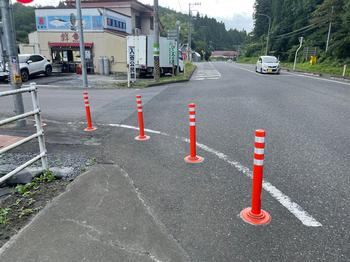 交差点のカーブに設置された、白い反射帯が付いた赤いラバーポールが複数並んでいる風景の写真