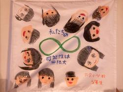 子どもたちの笑顔の顔が周囲に描かれ、中央に緑色の無限大マークと「私たちの可能性は無限大」という文字が書かれた布の写真