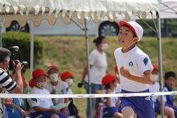 運動会で、白い帽子をかぶった男子児童が全力でゴールテープを切っている様子を写した写真