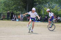 白い帽子の女子児童たちが、バランスをとりながら一輪車に乗ってパフォーマンスをしている様子を写した写真
