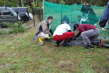 保護者3人が協力し農園部分に防草シートを貼っている様子の写真
