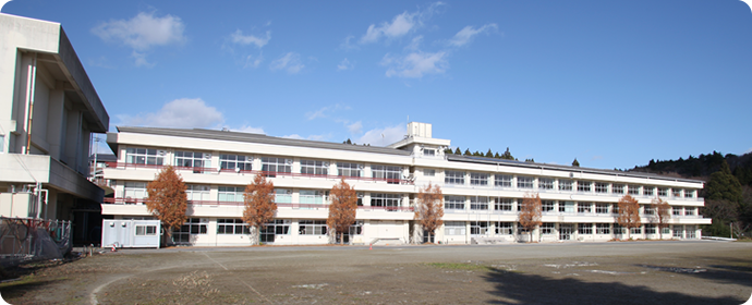 青空の下、整然と並んだ赤茶色の木々とともに、白い3階建ての校舎が横に長く広がり、その前には広々とした校庭が広がっている歌津中学校の外観写真