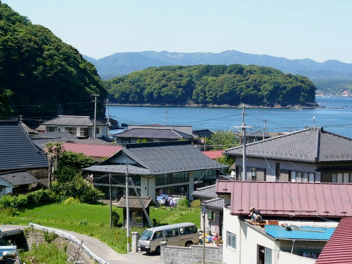 海辺の集落にある家々と、その奥に広がる青い海と緑の島が見える写真
