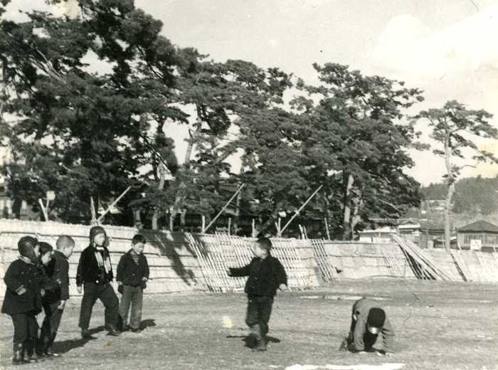 海岸沿いの壁に斜めに立てかけられた木の枠に海苔が干されてる天日干しの風景を撮影した白黒写真