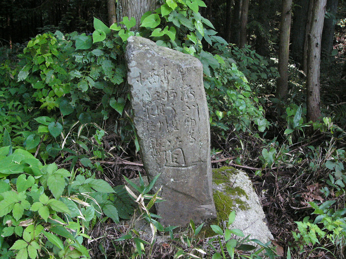 森林の中の緑に囲まれた場所で和文が刻まれた風化した石碑がたっている写真