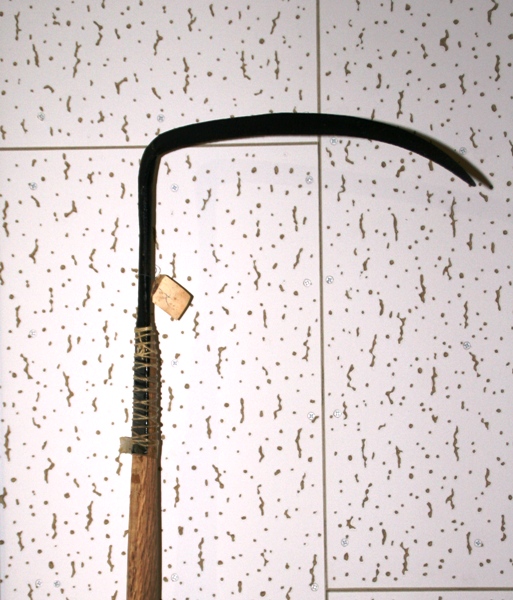 長い柄に、弓のようにカーブした鋭い刃がついたワカメ刈り鎌の写真