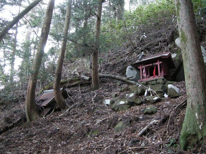 山の斜面に倒木や岩が点在する中、赤く塗られた小さな祠と壊れた社殿のような建物が木々に囲まれて並んでいる写真