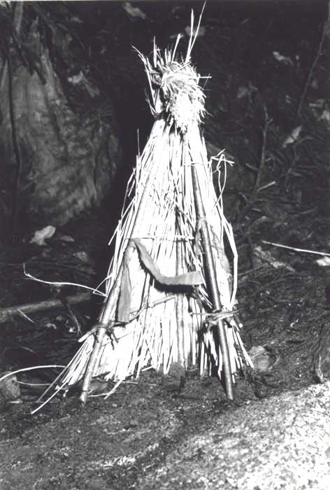 藁や枝を使って三角錐状に組まれた小さな祈祷用の構造物つとこが地面に立てられている様子が写っている白黒写真