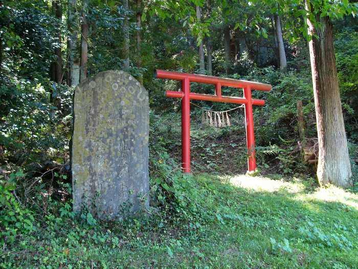 赤い鳥居が建ち、木々に囲まれた神聖な雰囲気が漂う森の中の草地に立っている昭和八年津波記念碑の写真