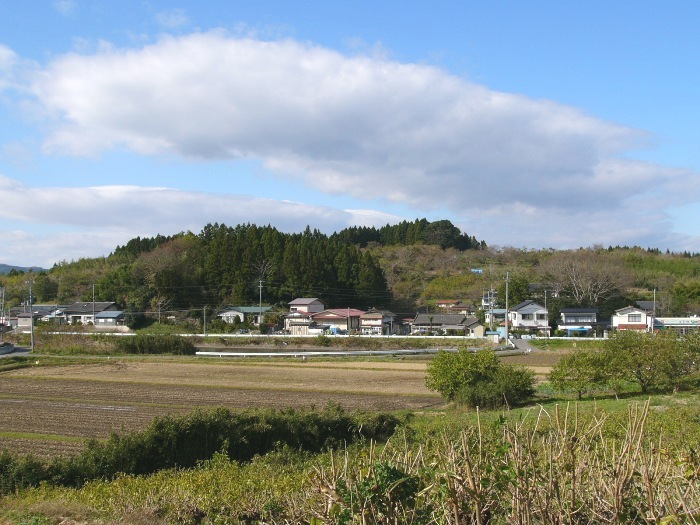 青空に白い雲が浮かぶ下、広がる田畑の向こうに集落が並び、その背後に濃緑の杉林に覆われた小高い山が横たわる松崎館跡の写真