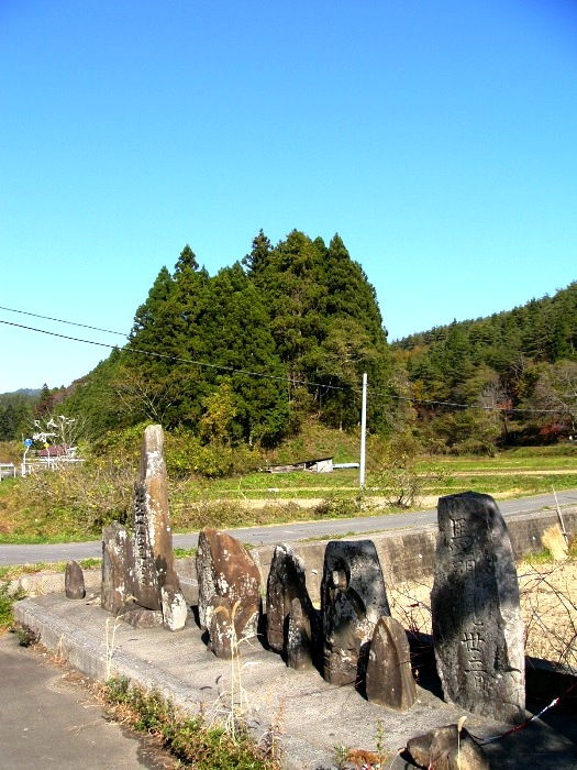 道路脇に大小様々な石碑が並び、奥には田畑と濃緑の杉林に覆われた小高い山が広がる宇南館跡の写真