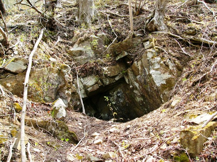 山中の斜面に岩を積み上げたような口が開き、奥が暗闇になっている坑口1/十枚山産金跡の写真