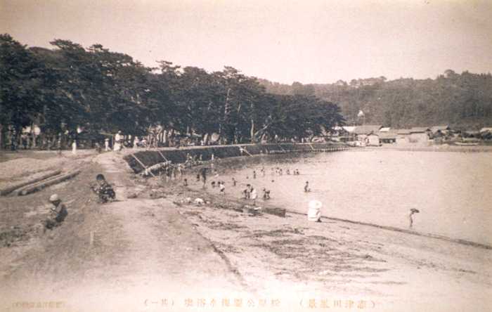 松原の前の堤防から続く砂浜と、海水浴をする人々、奥の家々や森が写った海岸風景の古い写真