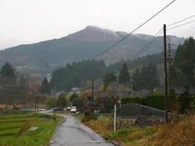 雨に濡れた農道と杉林の奥に、霧がかった山がそびえる写真