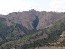 山の斜面に深い谷が刻まれ、頂上が見える冬枯れの山の写真