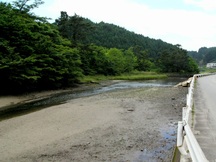 川沿いの道路から見た川底の砂泥が露出し周囲を緑豊かな森が囲む静かな風景の港川の写真
