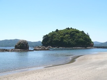 白い砂浜とその先に入り口に鳥居が立つ緑豊かな小島が浮かぶ、晴れた日の穏やかな海岸の写真