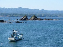 青い海に浮かぶ漁船と、奥には岩が連なる小さな島が見える写真
