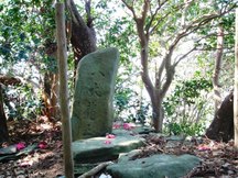 木漏れ日が差し込む森の中に立っている八大竜神碑の写真