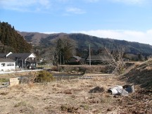 冬枯れの草地の奥に瓦屋根の民家や集落が点在し、背後に連なる山並みが広がる林際遺跡の写真