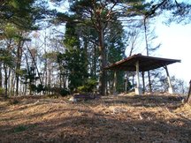 冬枯れの林の中、小高い場所に赤い屋根の東屋とベンチがあり、背後に常緑樹が立ち並ぶ母衣羽山金峯寺跡の写真