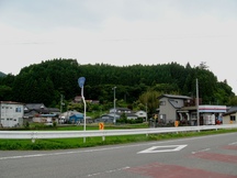 道路沿いに住宅などが並び、その背後に濃緑の杉林に覆われた小高い山が広がる後山館跡の写真