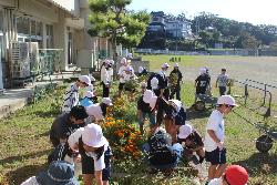 グリーンタイムで除草作業に取り組む児童と教師の様子2