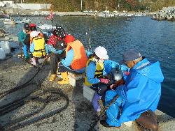 地域の方に作業を教えてもらいながら作業を行っている子供の様子