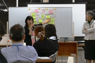 ホワイトボードに貼られたカラフルな付箋を指しながら、女性がマイクで説明を行い、席に座った参加者たちが前方を見ている発表の様子の写真