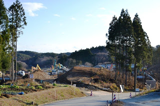 重機やショベルカーが稼働し、大量の土砂と木々の間で工事が進められている写真