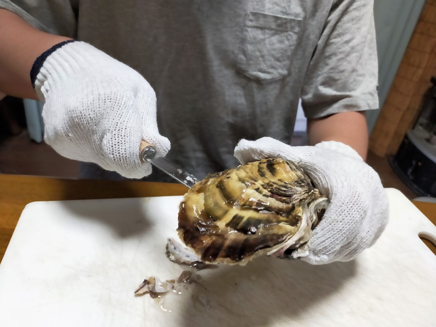 白い軍手をした人物が牡小さいナイフを使ってカキの殻をこじ開けようとしている写真
