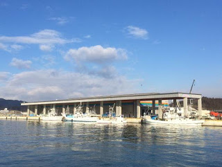 海に停泊する複数の漁船の背後に、コンクリートの柱に屋根がついた建物があり、その奥にカラフルなラインのある市場施設が並んでいる風景を写した写真