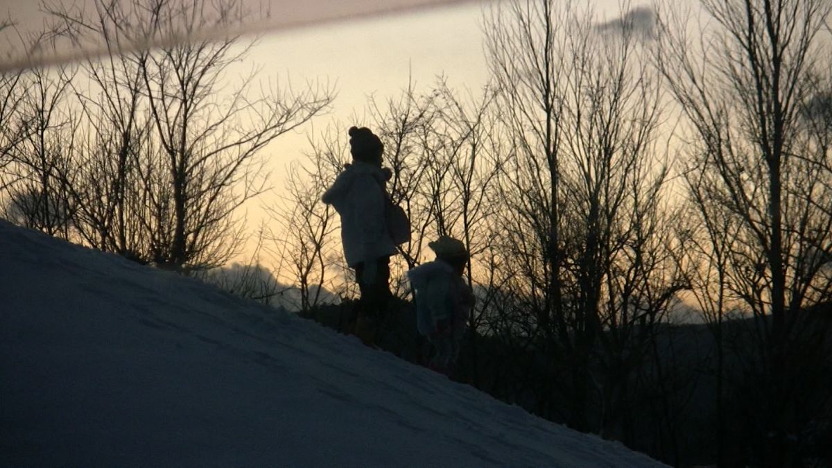 葉を落とした木々と夕暮れの空が広がっている雪が積もった斜面を、小さな姉妹が手をつないでおりているシルエットの写真
