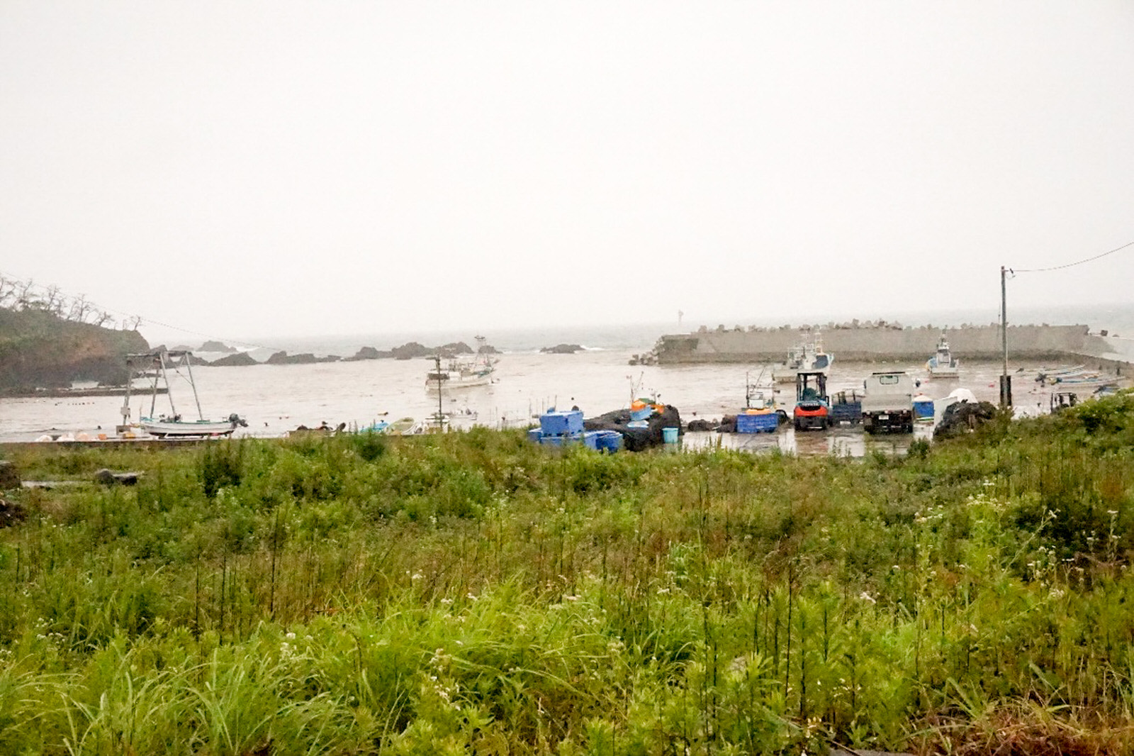 防波堤と岩場が見える海辺で、駐車したトラックや軽車両の下まで水が来ている様子の写真
