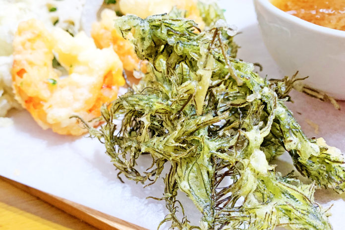 緑色の細くて繊細な海藻に衣をつけて揚げた天ぷらが、白い紙の上に盛られていて、隣にはえびの天ぷら、茶色の天つゆが入った小鉢がある写真