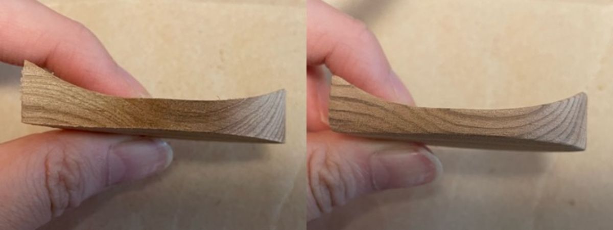左側は磨く前で表面がざらざらしていて、右側は磨いた後で滑らかになっており、指でつまんだ木のパーツの側面を比較した研磨前後の写真