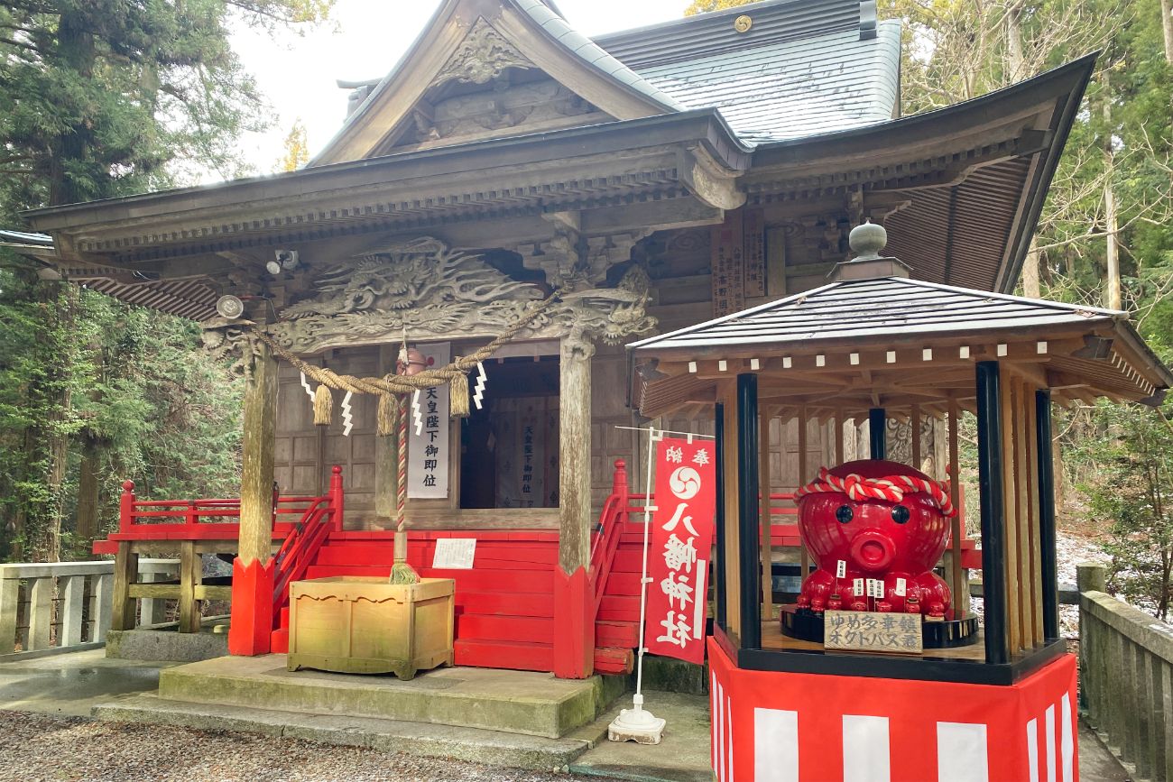 木造の神社の前に、六角形の形をした屋根付きの建物内に小さな赤いタコの形をしたオクトパス君の祈願ダルマが置かれている入谷八幡神社の写真