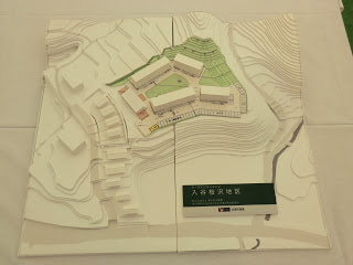 中央にはいくつかの建物が配置され、背景には緑色の部分がある入谷桜沢地区の模型を写した写真